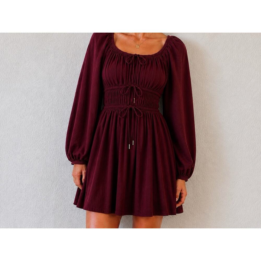 Burgundy Boho Mini Dress Mustard Seed Size Small Romantic Babydoll Drawstrings - Picture 1 of 7